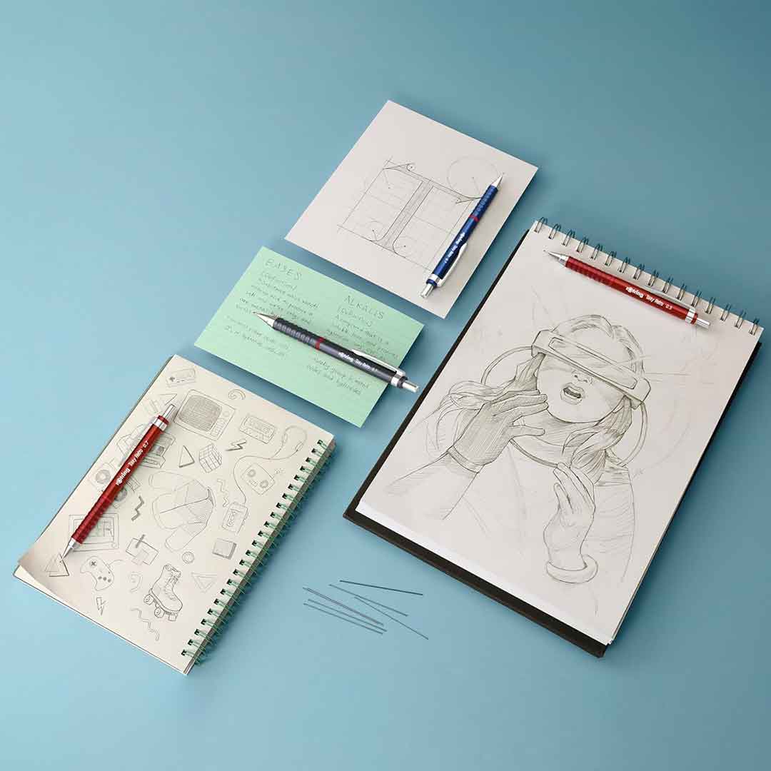 Rotring | 0.7mm | Metallic Grey Clutch Lead | Mechanical Pencil | Tikky Retro | 2B Lead | Eraser Inbuilt