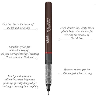 Rotring | Tikky | Graphic Fineliner | Black Pigment Lightfast | 0.1, 0.2 | 6 Pen Set | 3 Each